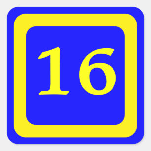 Pegatina Cuadrada número 16, fondo azul, marco amarillo