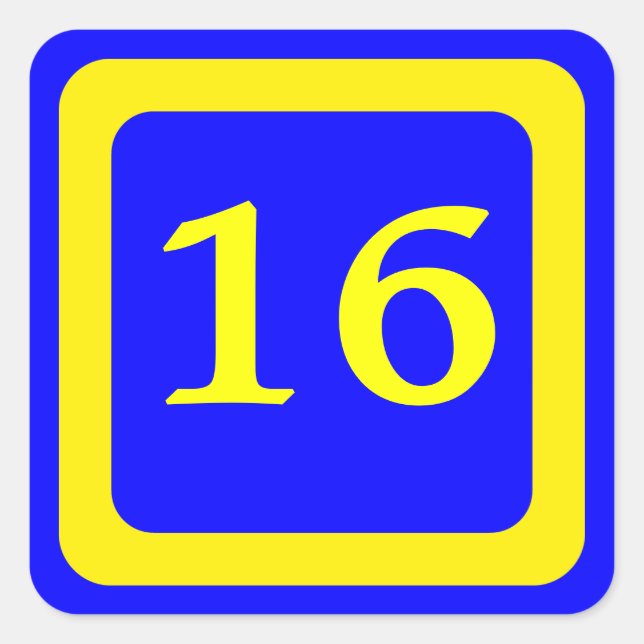 Pegatina Cuadrada número 16, fondo azul, marco amarillo (Anverso)