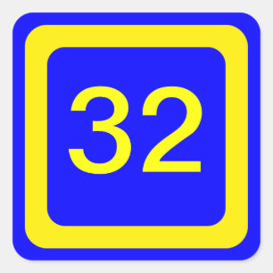 Pegatina Cuadrada número 32, fondo azul, marco amarillo