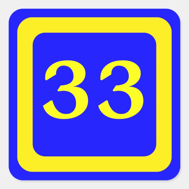 Pegatina Cuadrada número 33, fondo azul, marco amarillo (Anverso)
