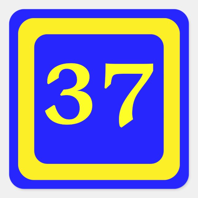 Pegatina Cuadrada número 37, fondo azul, marco amarillo (Anverso)