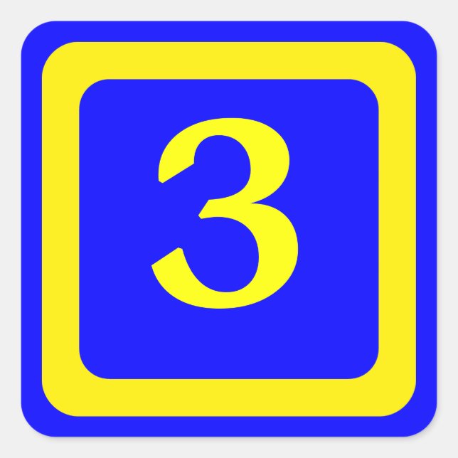 Pegatina Cuadrada número 3, fondo azul, marco amarillo (Anverso)