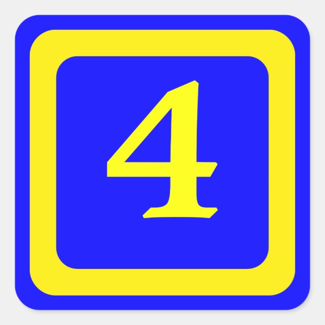Pegatina Cuadrada número 4, fondo azul, marco amarillo (Anverso)