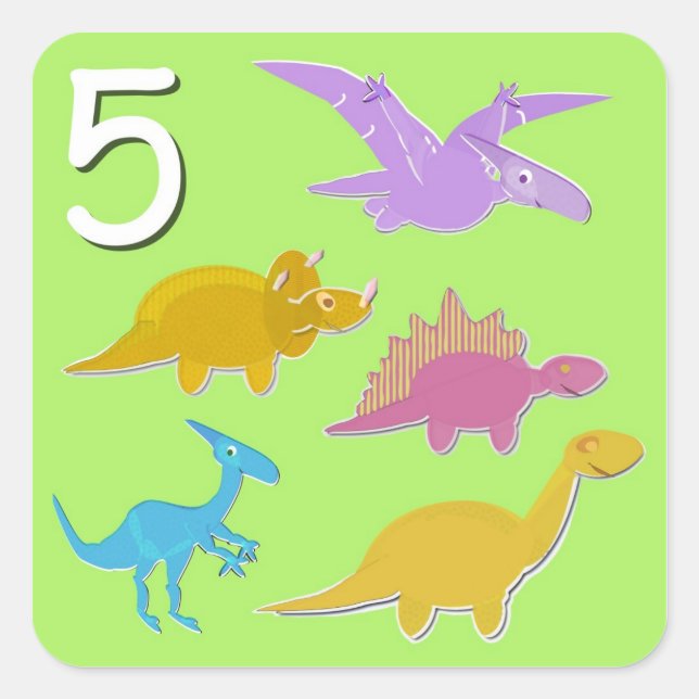 Pegatina Cuadrada Número 5 Cinco Dinosaurios Contando (Anverso)