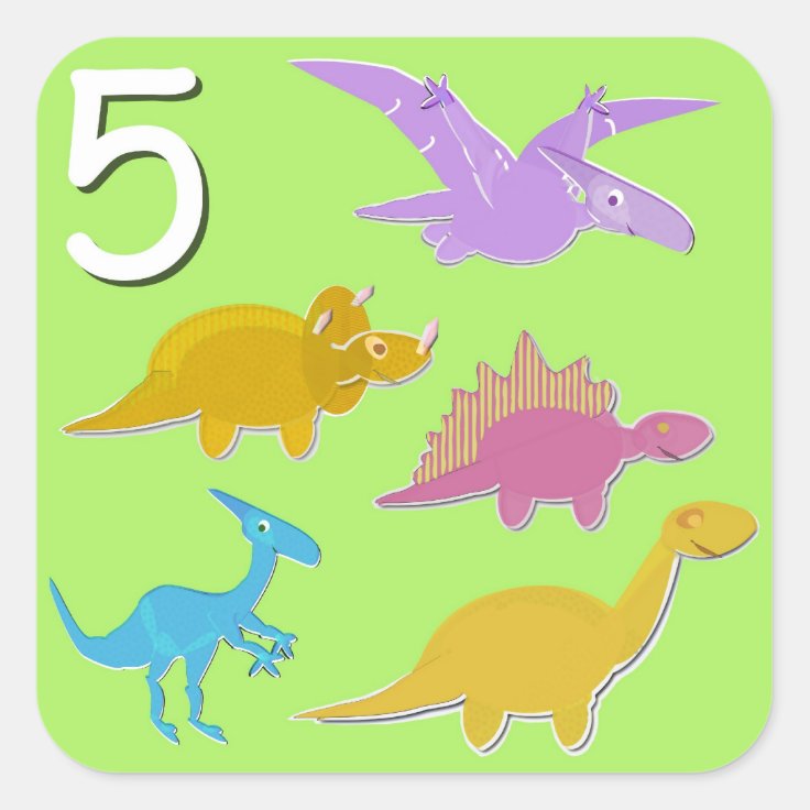 Pegatina Cuadrada Número 5 cuenta de cinco dinosaurios 