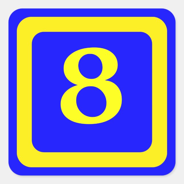 Pegatina Cuadrada número 8, fondo azul, marco amarillo (Anverso)