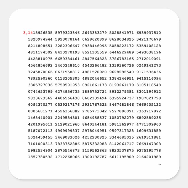 Pegatina Cuadrada Número De Pi De 1000 Primeros Dígitos | Símbolo ma (Anverso)