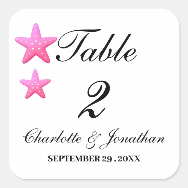 Pegatina Cuadrada Números de mesa de boda de playa con estrella de m (Anverso)
