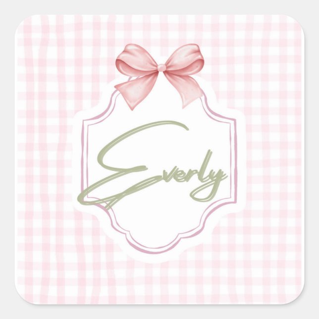 Pegatina Cuadrada Nursery Bow&Gingham personalizada para niñas todas (Anverso)