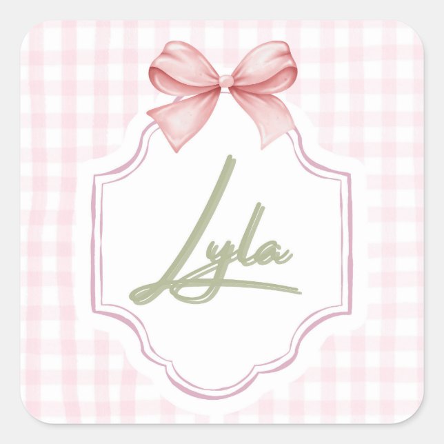 Pegatina Cuadrada Nursery Lyla Baby Personalizado Bow&Gingham (Anverso)