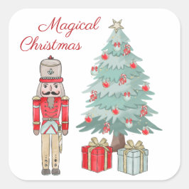 Pegatina Cuadrada Nutcracker, árbol de Navidad y regalos