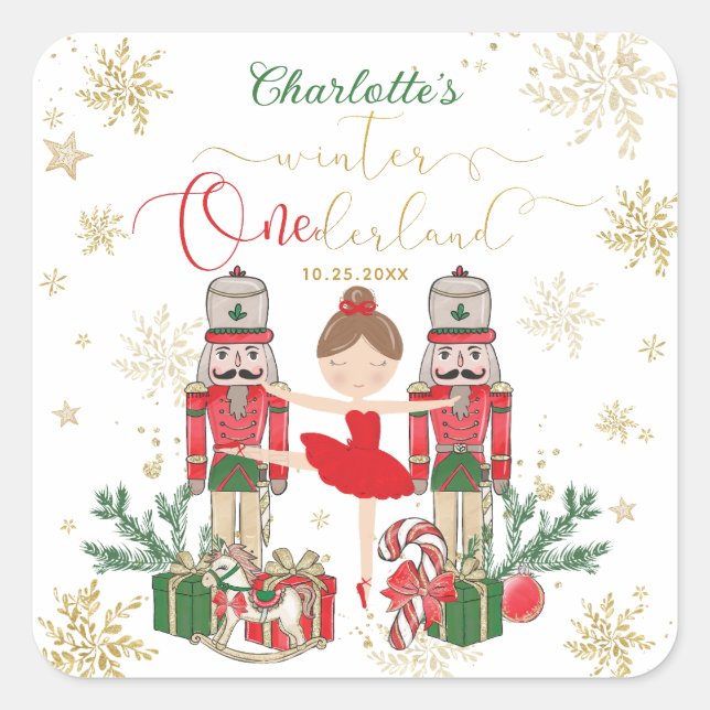 Pegatina Cuadrada Nutcracker Winter Onederland 1st Birthday Red (Anverso)