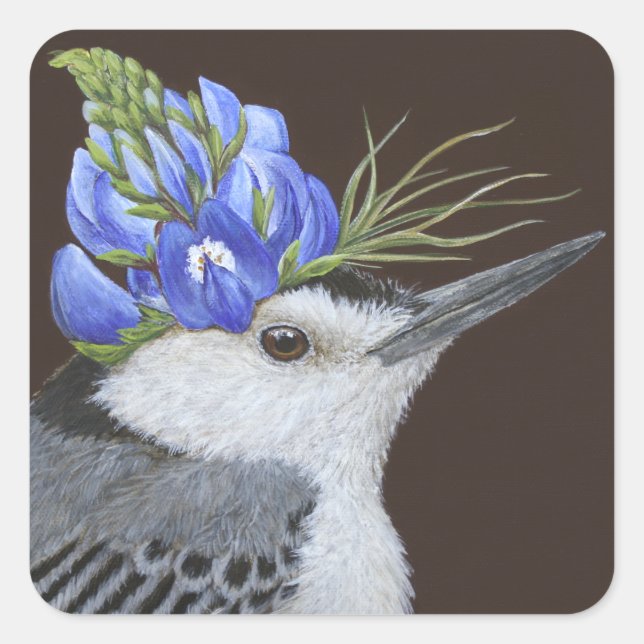 Pegatina Cuadrada nuthatch con pino blanco con pegatinas de lupino (Anverso)