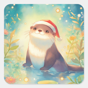 Pegatina Cuadrada Nutria con sombrero de Santa en estanque con flore