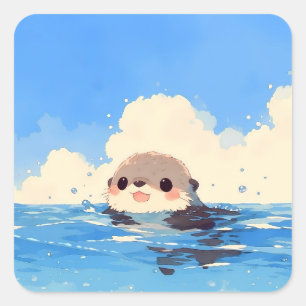 Pegatina Cuadrada Nutria Feliz Nadando en Agua Brillante