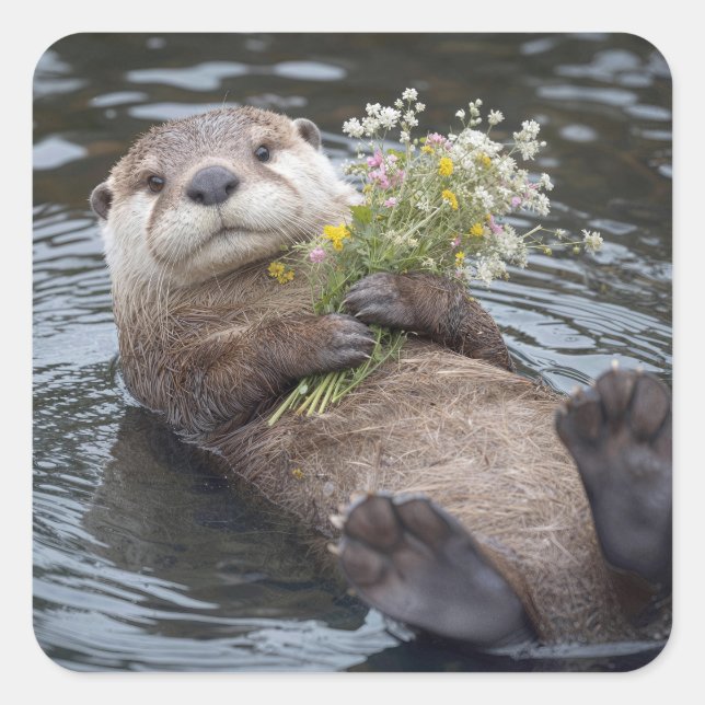 Pegatina Cuadrada Nutria flotando con ramo de flores silvestres (Anverso)