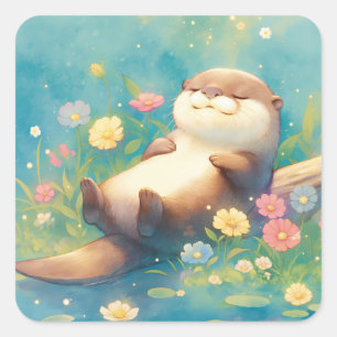 Pegatina Cuadrada Nutria relajándose en un tronco con flores colorid