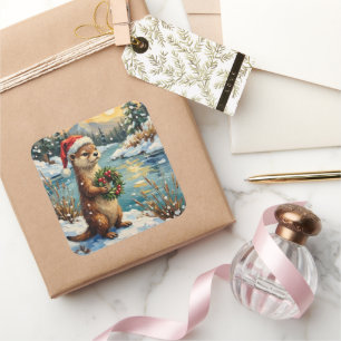 Pegatina Cuadrada Nutria Vintage con Corona de Navidad junto al Río