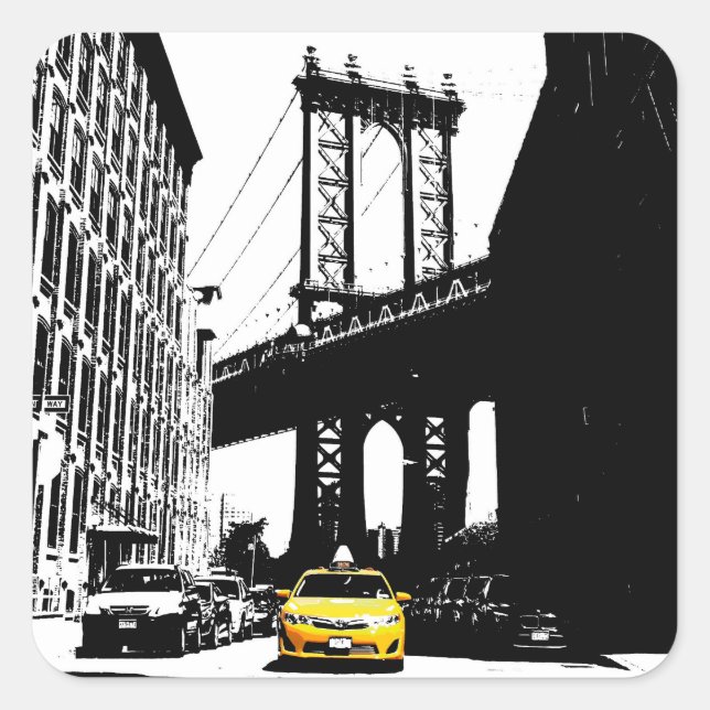Pegatina Cuadrada Nyc Brooklyn Bridge Nueva York City Yellow Taxi Bu (Anverso)