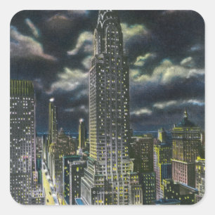 Pegatina Cuadrada NYC, nuevo edificio de YorkChrysler en la noche #