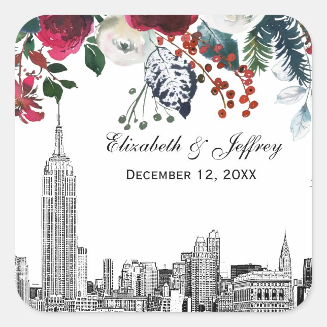 Pegatina Cuadrada NYC Skyline ESB Etch Burgundy Grn Floral Watercole (Anverso)