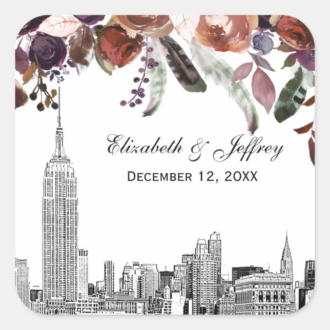 Pegatina Cuadrada NYC Skyline ESB Etch Burgundy Plum Floral Boda (Anverso)