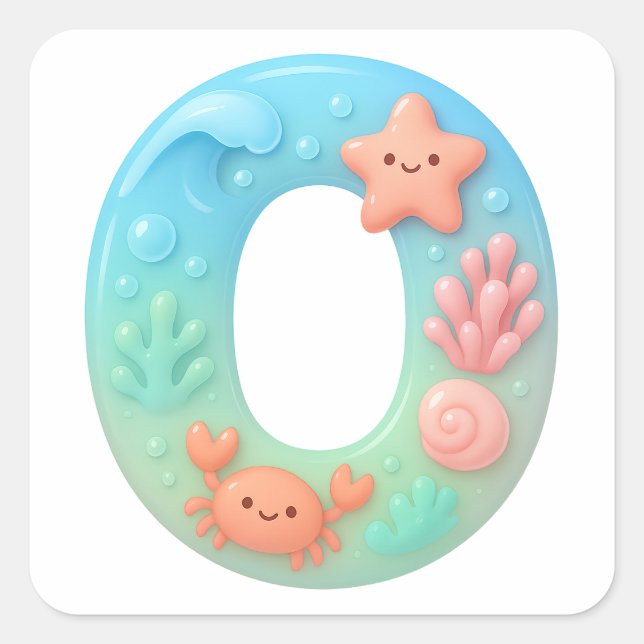 Pegatina Cuadrada "O" Cute Letter - Underwater Sea Creature  (Anverso)