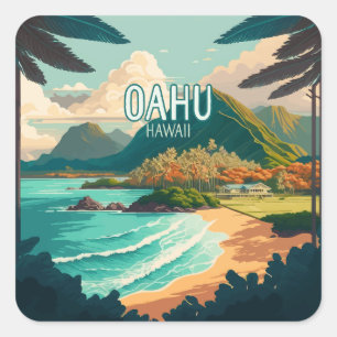 Pegatina Cuadrada Oahu Hawaii Beach Vintage Retro