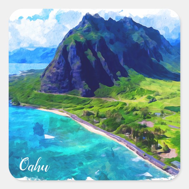 Pegatina Cuadrada Oahu Hawaii Panorama View Beach (Anverso)