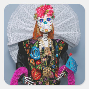Pegatina Cuadrada Oaxaca Calavera Catrina Tehuana
