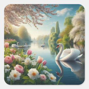 Pegatina Cuadrada Obra artística de primavera de lagos de cisne flor