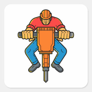 Pegatina Cuadrada Obra de construcción Jackhammer Mono Line Art