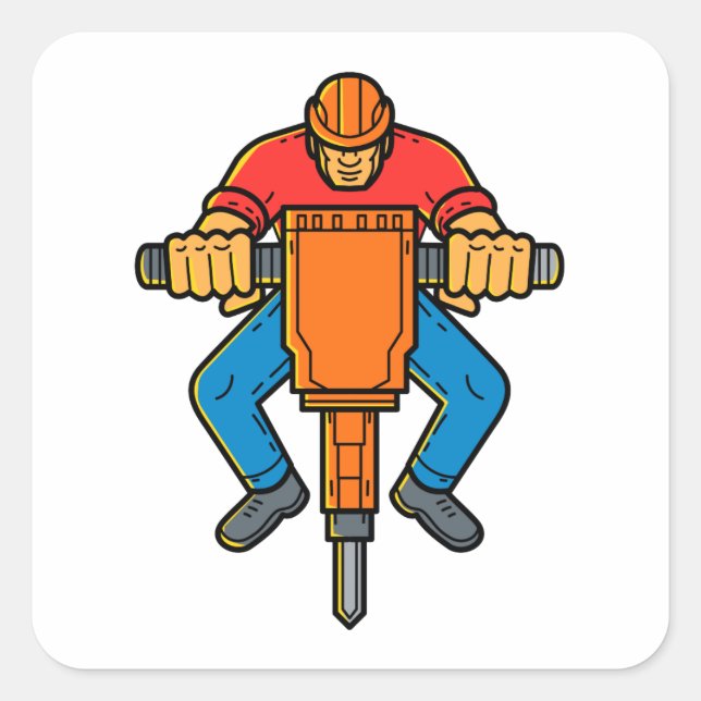 Pegatina Cuadrada Obra de construcción Jackhammer Mono Line Art (Anverso)