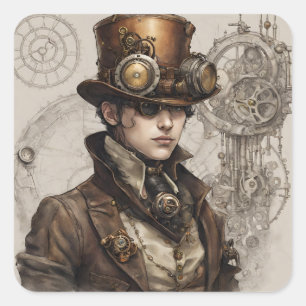 Pegatina Cuadrada Obra de Steampunk Victorian Gentleman