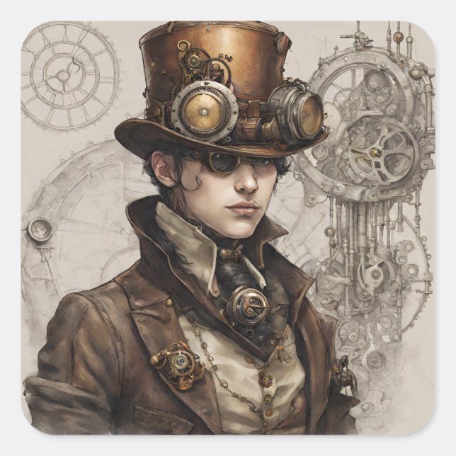 Pegatina Cuadrada Obra de Steampunk Victorian Gentleman (Anverso)