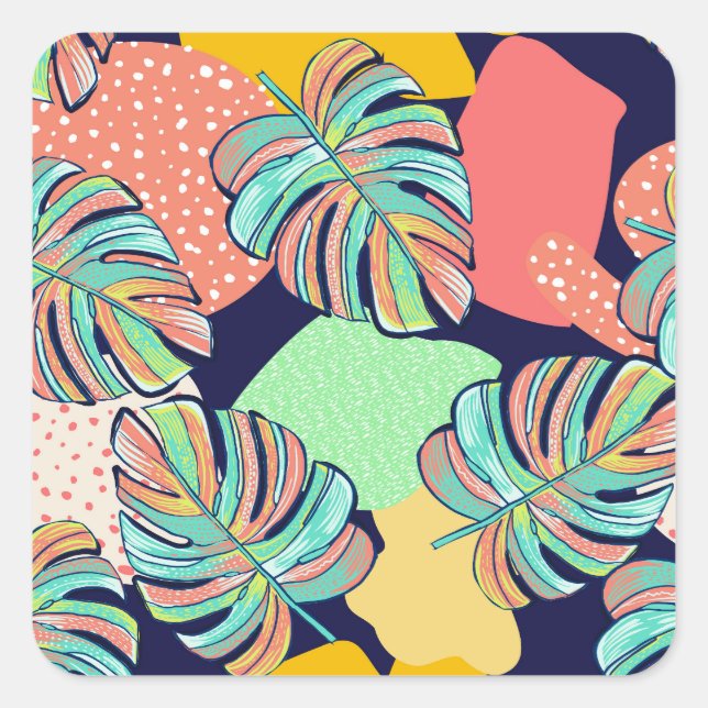 Pegatina Cuadrada Obra tropical: diseño de monastera multicolor (Anverso)