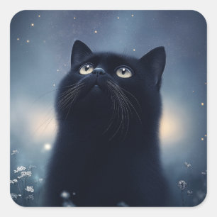 Pegatina Cuadrada Observando las estrellas Gato negro bajo un cielo 