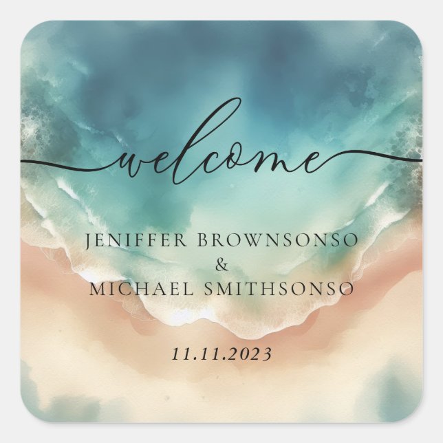 Pegatina Cuadrada Ocean Beach Cute Signature (Anverso)