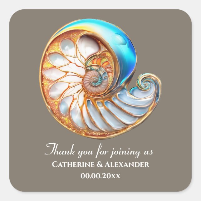 Pegatina Cuadrada Ocean Blue Gold Conch Shell Thank You (Anverso)