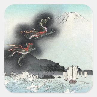 Pegatina Cuadrada Ocean Dragon Rising to Mt. Fuji HOKUSAI Ukiyo-e