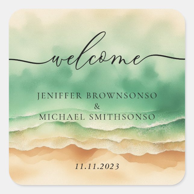 Pegatina Cuadrada Océane Beach Cuidada Sand Sun Signature (Anverso)