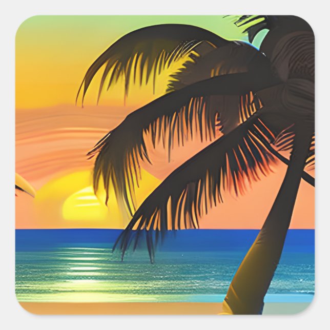 Pegatina Cuadrada Océano, atardecer y palmera (Anverso)