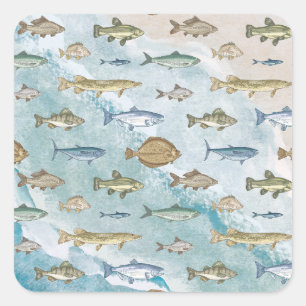 Pegatina Cuadrada Océano azul Peces náuticas marinas