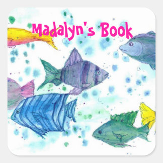 Pegatina Cuadrada Océano tropical de peces Personalizado Nombre libr