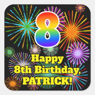 Pegatina Cuadrada Octavo cumpleaños: Fuegos artificiales divertidos