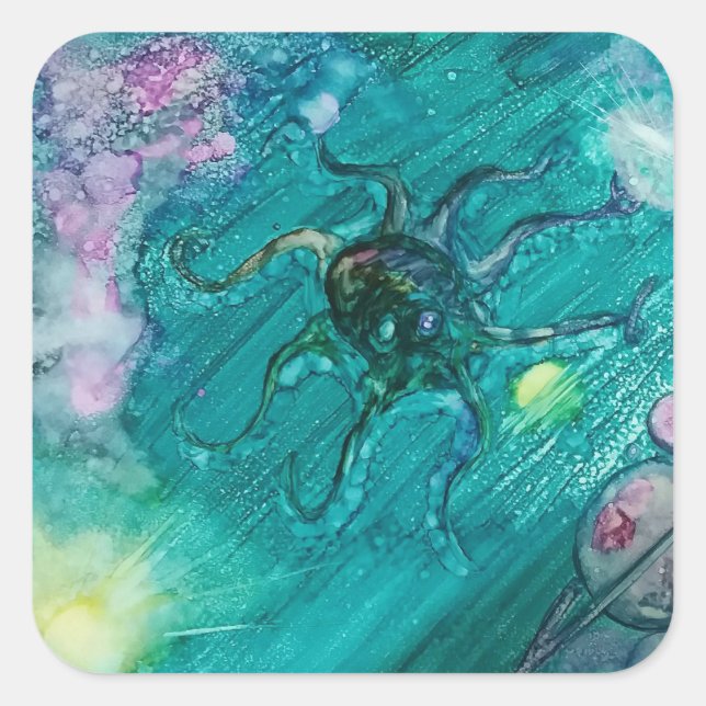Pegatina Cuadrada Octopi espacial (Anverso)