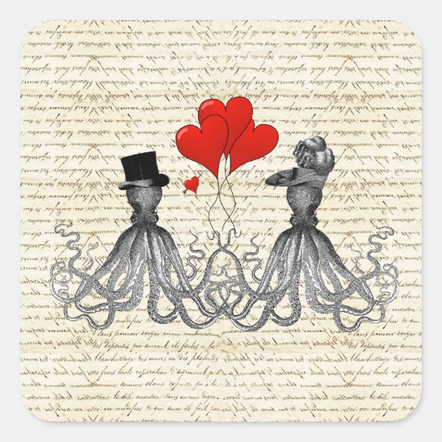Pegatina Cuadrada Octopi y corazones de la vendimia (Anverso)