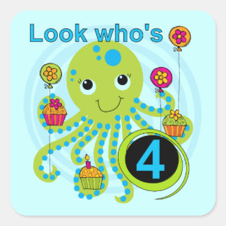 Pegatina Cuadrada Octopus 4º cumpleaños camisetas y regalos de T