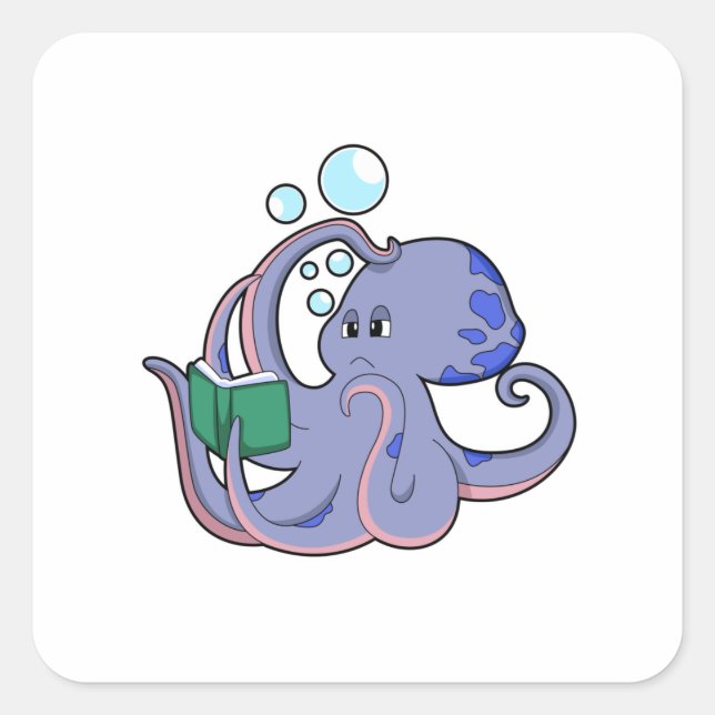 Pegatina Cuadrada Octopus al leer con un libro (Anverso)