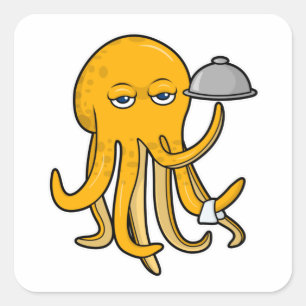 Pegatina Cuadrada Octopus as Waiter con toalla de servicio